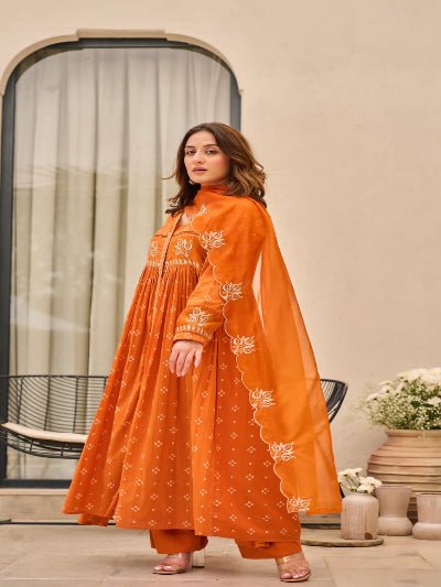 Orange Printed Chanderi Embroidery Cotton Anarkali Suit Set - BONYHUBSALWAR KAMEEZ