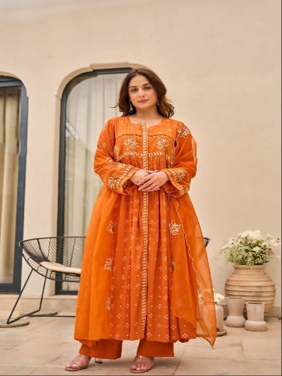 Orange Printed Chanderi Embroidery Cotton Anarkali Suit Set - BONYHUBSALWAR KAMEEZ
