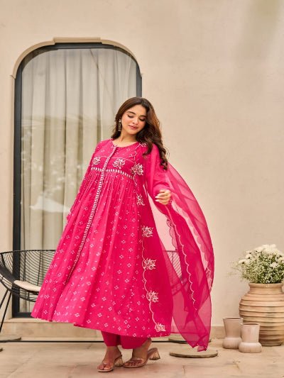 Hot Pink Printed Chanderi Embroidery Cotton Anarkali Suit Set - BONYHUBSALWAR KAMEEZ
