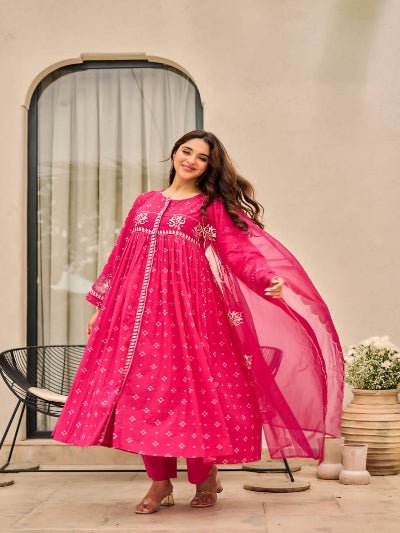 Hot Pink Printed Chanderi Embroidery Cotton Anarkali Suit Set - BONYHUBSALWAR KAMEEZ