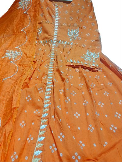 Orange Printed Chanderi Embroidery Cotton Anarkali Suit Set - BONYHUBSALWAR KAMEEZ