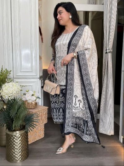 Plus Size Black Printed Handwork Chinon Straight Suit Set - BONYHUBSALWAR KAMEEZ