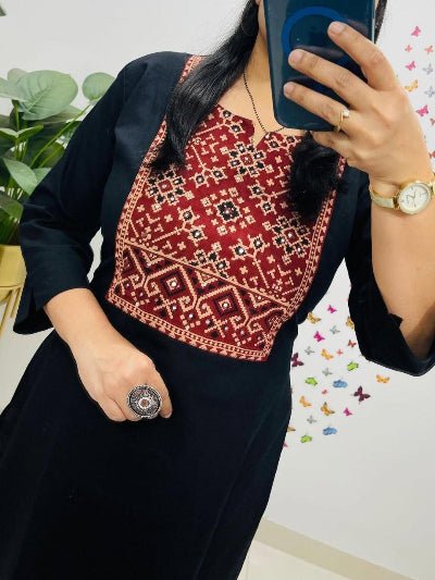 Plus Size Black Mirror Work Cotton Kurti Pant Set - BONYHUBSALWAR KAMEEZ