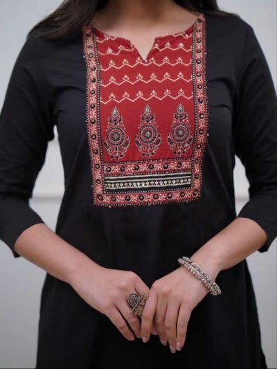 Plus Size Black Handwork Cotton Straight Suit Set - BONYHUBSALWAR KAMEEZ