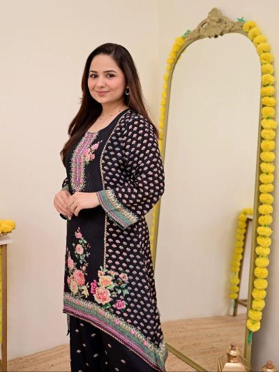 Plus Size Black Mirror Work Muslin Digital Print Kurti Palazzo - BONYHUBSALWAR KAMEEZ