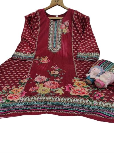 Plus Size Red Mirror Work Muslin Digital Print Kurti Pant Set - BONYHUBSALWAR KAMEEZ