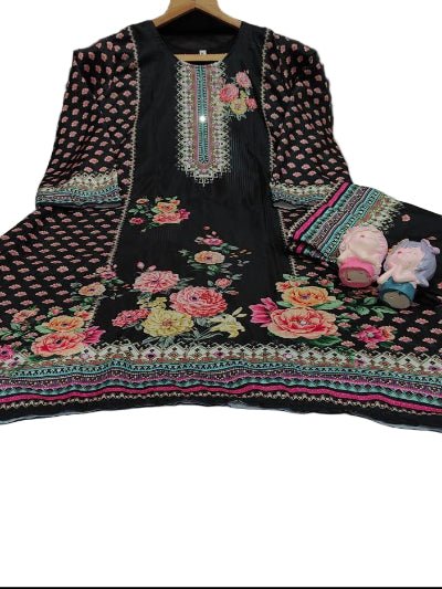 Plus Size Black Mirror Work Muslin Digital Print Kurti Palazzo - BONYHUBSALWAR KAMEEZ