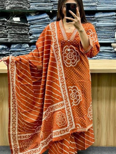 Rust Orange Bandhani Embroidery Cotton Straight Suit Set - BONYHUBSALWAR KAMEEZ