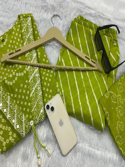 Limegreen Bandhani Embroidery Cotton Straight Suit Set - BONYHUBSALWAR KAMEEZ