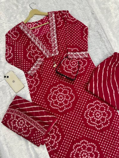 Beautiful Pink Bandhani Embroidery Cotton Straight Suit Set - BONYHUBSALWAR KAMEEZ