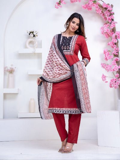 Red Stunning Adda Work Cotton Straight Suit Set - BONYHUBSALWAR KAMEEZ