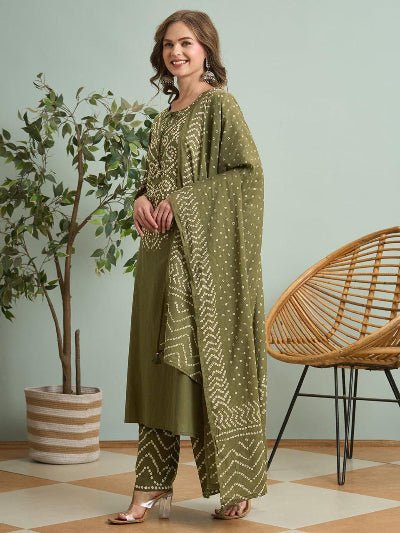 Olive Green Bandhani Printed Cotton Straight Suit Set - BONYHUBSALWAR KAMEEZ