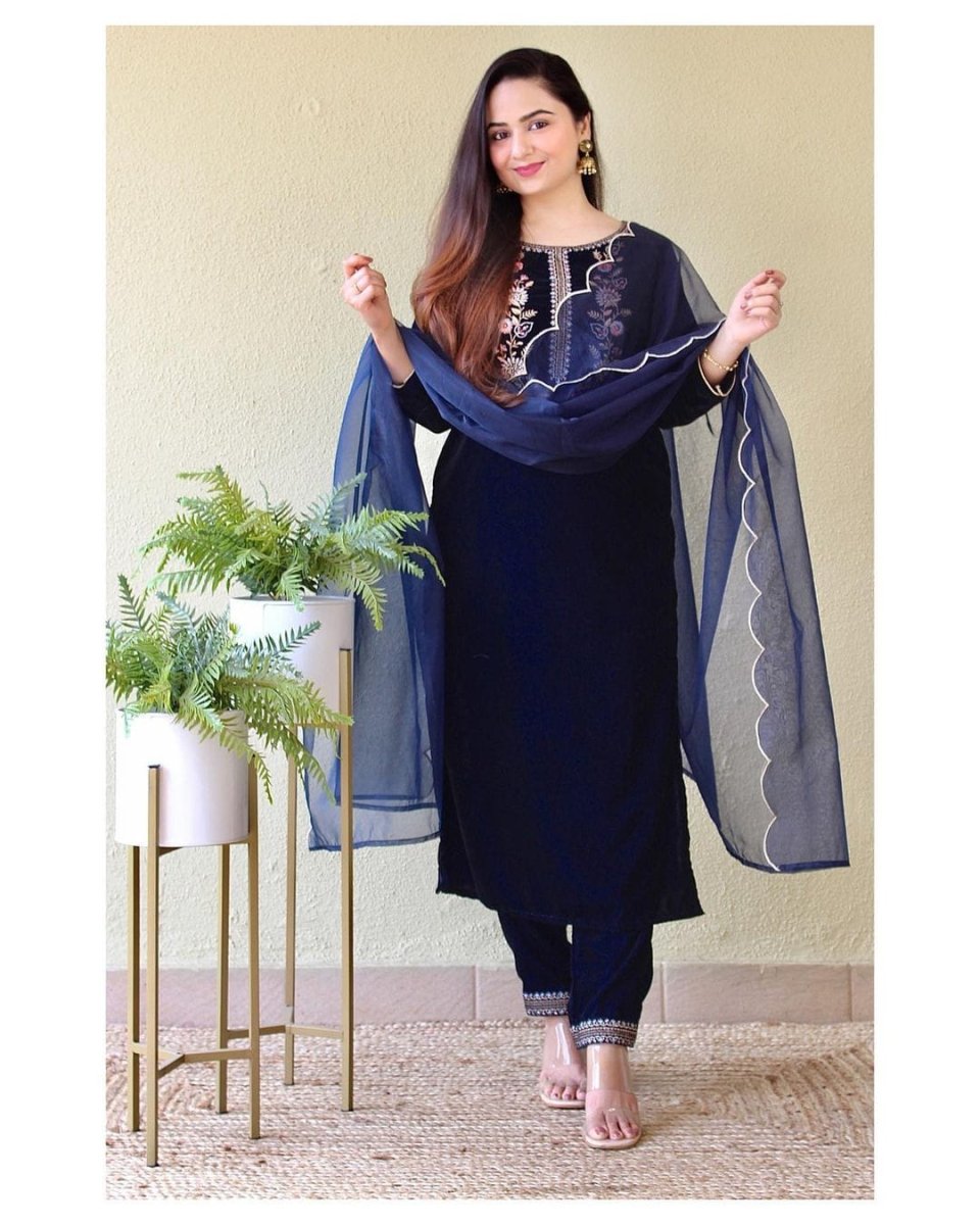 Rich Navy Blue Thread Embroidery Velvet Straight Suit - BONYHUBSALWAR KAMEEZ