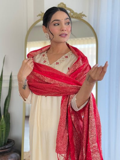 White Roman Silk Embroidery Straight Suit with Red Dupatta - BONYHUBSALWAR KAMEEZ
