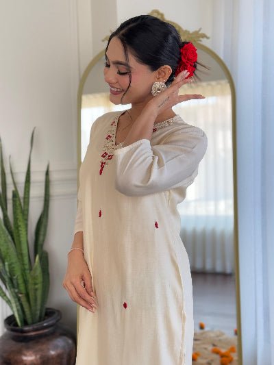 White Roman Silk Embroidery Straight Suit with Red Dupatta - BONYHUBSALWAR KAMEEZ