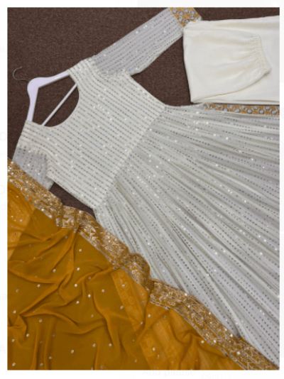 Anarkali Gold Embroidery Gown Set of 3 - BONYHUBSALWAR KAMEEZ