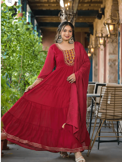 Anarkali Plus Size Crimson Red Kurti Dupatta Set of 2 - BONYHUBSALWAR KAMEEZ