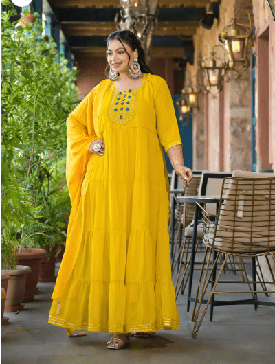 Anarkali Plus Size Lime Yellow Kurti Dupatta Set of 2 - BONYHUBSALWAR KAMEEZ