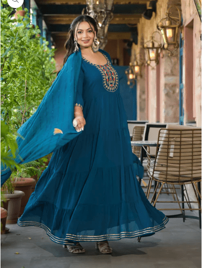 Anarkali Plus Size Teal Blue Kurti Dupatta Set of 2 - BONYHUBSALWAR KAMEEZ
