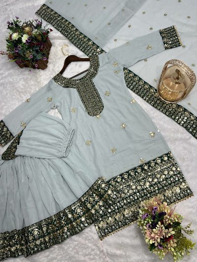 Ash Grey Embroidered Moti Work Sharara Suit Set - BONYHUBSALWAR KAMEEZ