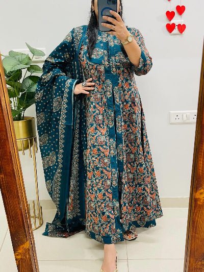 Blue Cotton Printed Handwork Anarkali Suit - BONYHUBSALWAR KAMEEZ