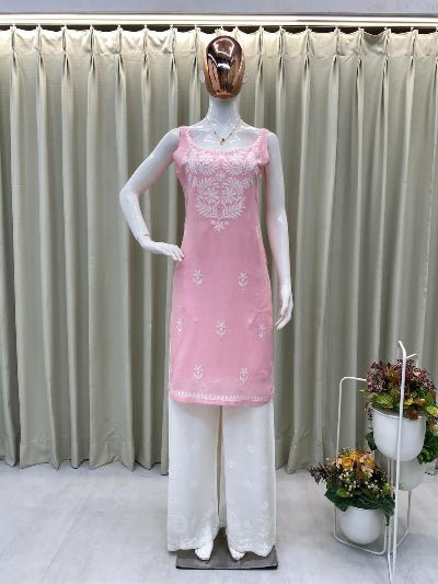 Baby Pink Embroidered Kurti Palazzo Set Of 2 - BONYHUBSALWAR KAMEEZ