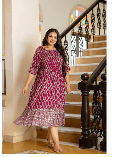 Beautiful Magenta Cotton Printed Kurti Gown - BONYHUBSALWAR KAMEEZ
