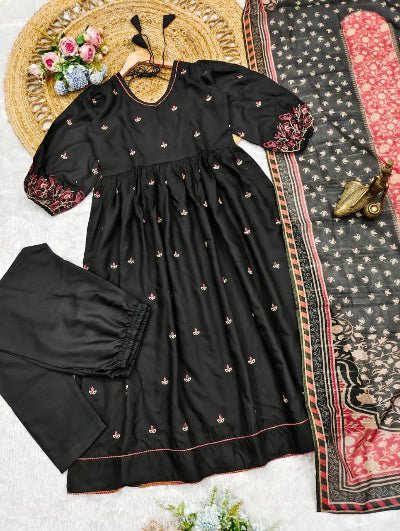 Black Cotton Puff Sleeves Anarkali Suit Set UK Next Day - BONYHUBSALWAR KAMEEZ