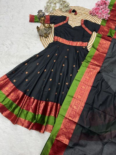 Black Cotton Silk South Indian Anarkali Dupatta Set Of 2 - BONYHUBSALWAR KAMEEZ