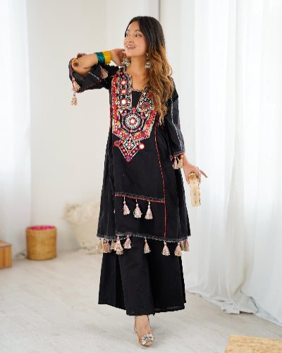 Black Designer Mirror Work Boho Style Kurti Palazzo Set - BONYHUBSALWAR KAMEEZ