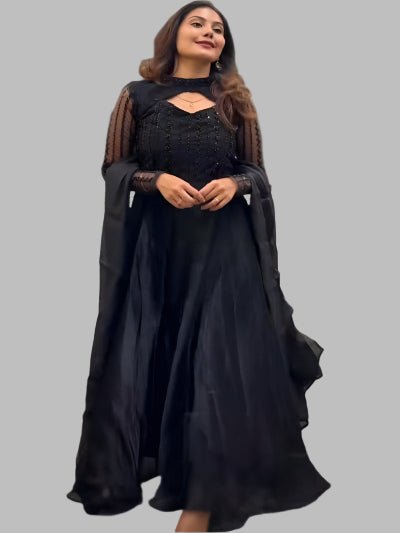 Black Elegant Sequins Embroidery Anarkali Suit Set - BONYHUBSALWAR KAMEEZ