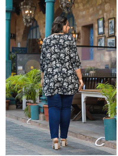 Black Floral Short Plus Size Kurti Tunic Cotton - BONYHUBSALWAR KAMEEZ
