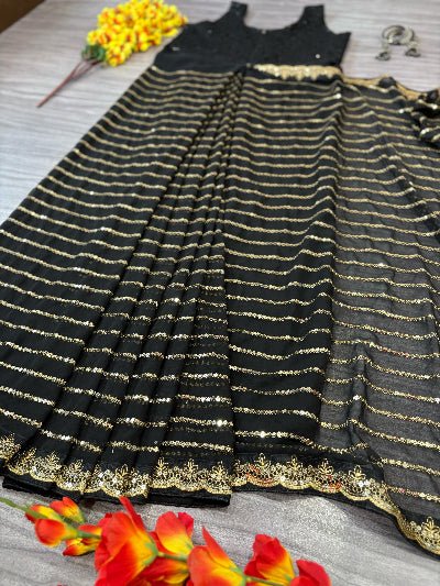 Black Georgette Embellished Zip & Go 10 Second Saree Gown - BONYHUBSAREE