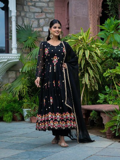 Black Georgette Festive Embroidered Anarkali Gown Suit Set - BONYHUBSALWAR KAMEEZ