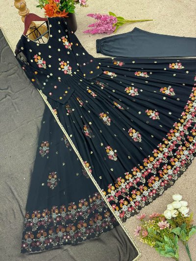 Black Georgette Festive Embroidered Anarkali Gown Suit Set - BONYHUBSALWAR KAMEEZ