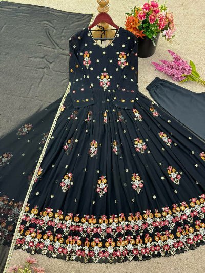 Black Georgette Festive Embroidered Anarkali Gown Suit Set - BONYHUBSALWAR KAMEEZ