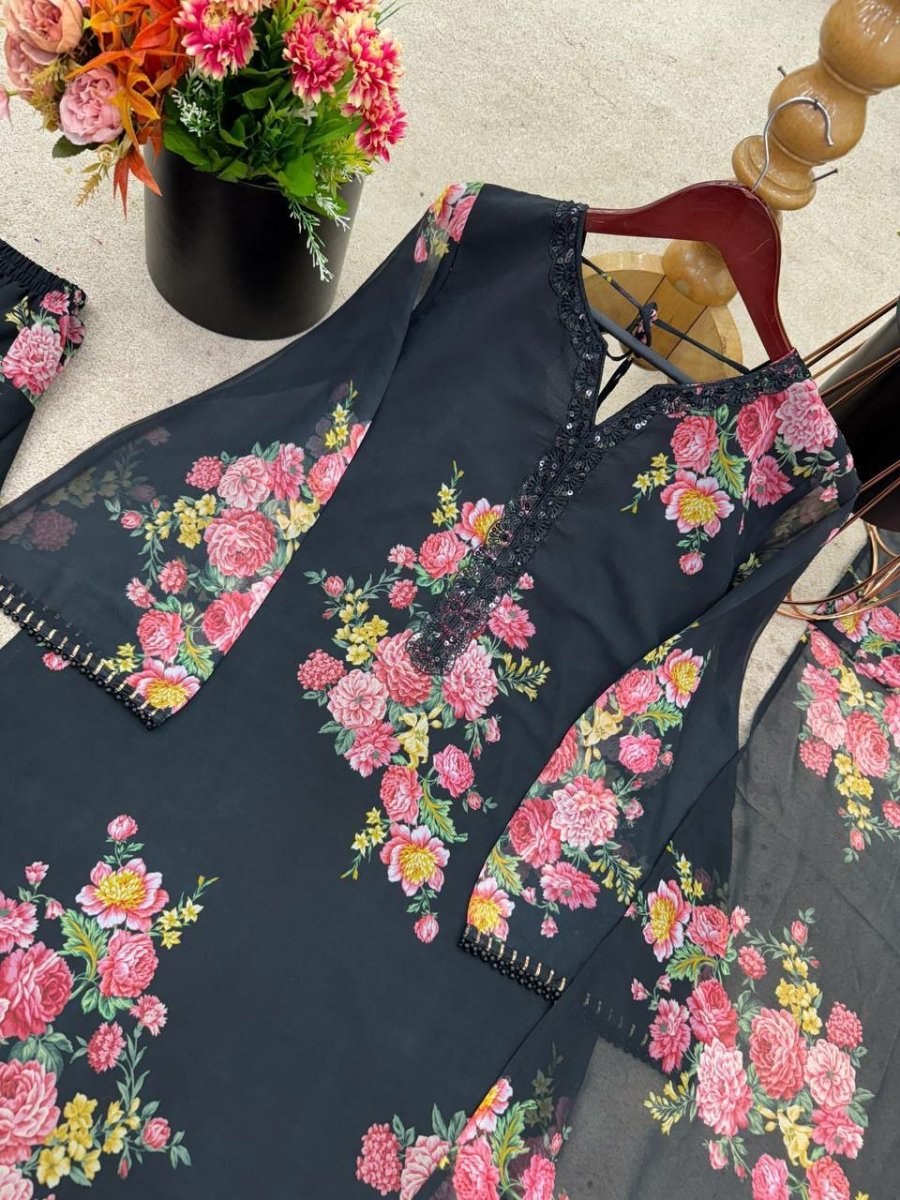 Black Georgette Floral Print Farshi Suit Set - BONYHUBSALWAR KAMEEZ