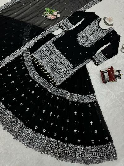 Black Georgette Partywear Salwar Sharara Dupatta Set - BONYHUBsalwar suit