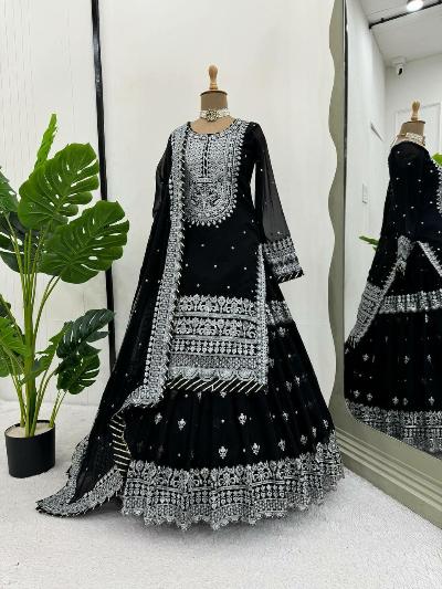 Black Georgette Partywear Salwar Sharara Dupatta Set - BONYHUBsalwar suit