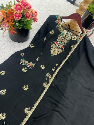 Black Luxurious Chinon Silk Sharara Suit Set - BONYHUBSALWAR KAMEEZ