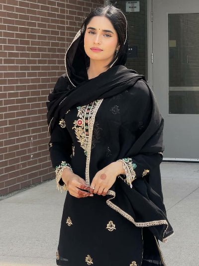 Black Luxurious Chinon Silk Sharara Suit Set - BONYHUBSALWAR KAMEEZ
