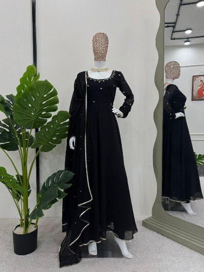 Black Plain Georgette Handwork Anarkali Suit Set - BONYHUBSALWAR KAMEEZ