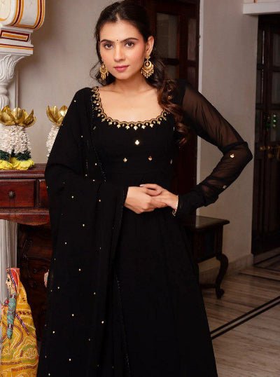 Black Plain Georgette Handwork Anarkali Suit Set - BONYHUBSALWAR KAMEEZ