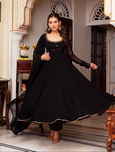 Black Plain Georgette Handwork Anarkali Suit Set - BONYHUBSALWAR KAMEEZ