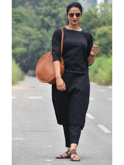 Black Plain Kurti Pant Set UK Next Day - BONYHUBSALWAR KAMEEZ