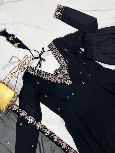 Black Soft Georgette Embroidered Anarkali Suit Set - BONYHUBSALWAR KAMEEZ