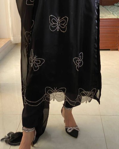 Black Stylish Butterfly Pattern Work Salwar Suit Set - BONYHUBSALWAR KAMEEZ