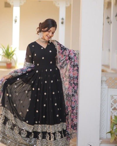 Black With Floral Dupatta Georgette Gown Set Of 2 UK Next Day - BONYHUBSALWAR KAMEEZ
