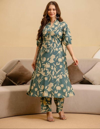 Blue Beige Cotton Kurti Pant Set Of 2 - BONYHUBSALWAR KAMEEZ