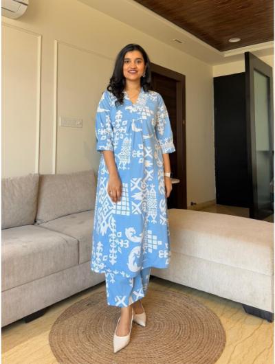 Blue Co - ord Set with Kurta Pant (Set of 2) - BONYHUBSALWAR KAMEEZ